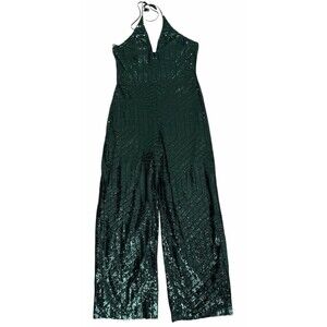 Premier Amour Green Sequin Halter Jumpsuit Size 16 Wide Leg Cocktails‎ Party